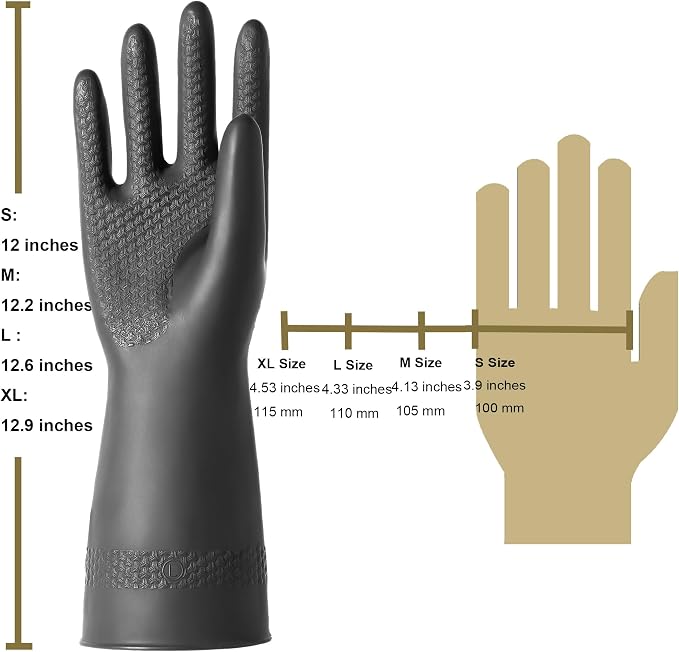 Chemical Resistant Latex Gloves, Cleaning Protective Safety Work | Heavy Duty Rubber Gloves, S-M-L-XL Size, Black 1 Pair
