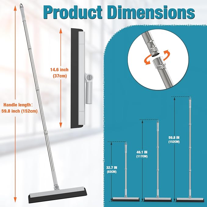 KOLLIEE Floor Squeegee 59" Adjustable Long Handle Professional with Hook Water Squeegee Foam Blade for Concrete Floor Tile Pet Hair Floor Wiper Grey