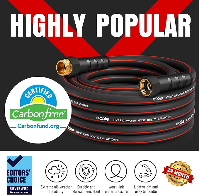 eavy Duty Garden Hose 25ft, NON-EXPANDABLE Flexible Water Hose, Kink Resistant Lightweight Hybrid Hose, Leakproof Hose Male to Female Fittings