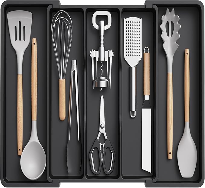 Lifewit Utensil Organizer for Kitchen Drawers, Expandable Utensil Tray | Adjustable Cooking Cutlery Silverware Flatware Holder, Plastic Spatula Tools Storage Divider, 11.5- 20 x 14.5", Black