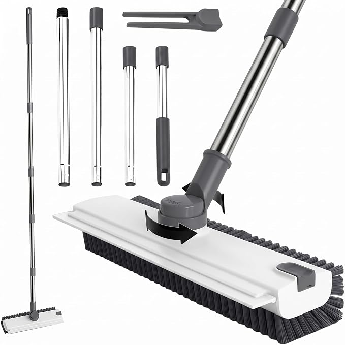 3-in-1 Floor Scrub Brush with Long Handle, Floor Scrubber with Squeegee Tweezers, Adjustable Heavy-Duty Stiff Bristle Cleaning Brush for Tile, Bathroom, Shower, Garage, Patio, Deck(White Grey)