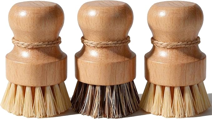 Wood Dish Brush, Natural Fiber Kitchen Scrubber with Ergonomic Grip, 3 Pack | Eco Palm Dish Scrub Brush Set, Natural Rubber Wood Grip Handle for Cleaning Dishes, Pots, Pans, Sink, Tableware, Vegetables