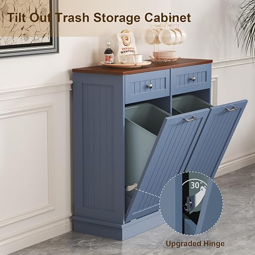 LOUVIXA Tilt Out Trash Can Cabinet with Double Hidden Trash Bin Holder, Kitchen Free Standing Recycling Cabinet,Dog Proof Trash Can,Wood, Blue