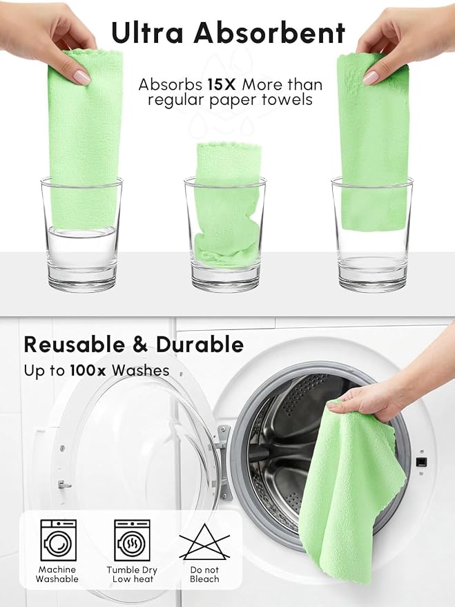 Microfiber Cleaning Cloths Roll 75 Pack 12x12 Inch Lint Free | Tear away design, lint free, washable, scratch free, ultra absorbent, for dish rags and household cleaning, Green color