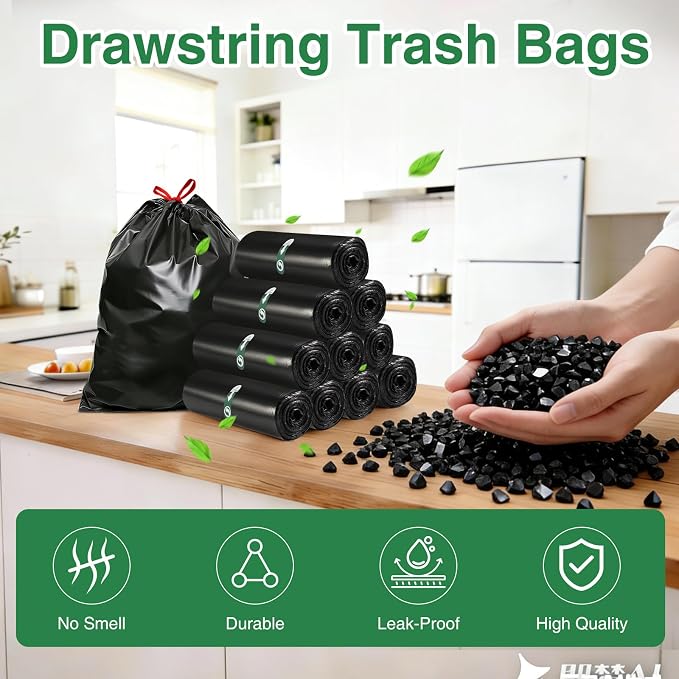 100 Counts 2.6 Gallon Trash Bag Drawstring Small Trash Bags, Thick Pre-separated Garbage Bags, Trash Bin Liners, Suitable for bathroom, kitchen, bedroom, office (Black)