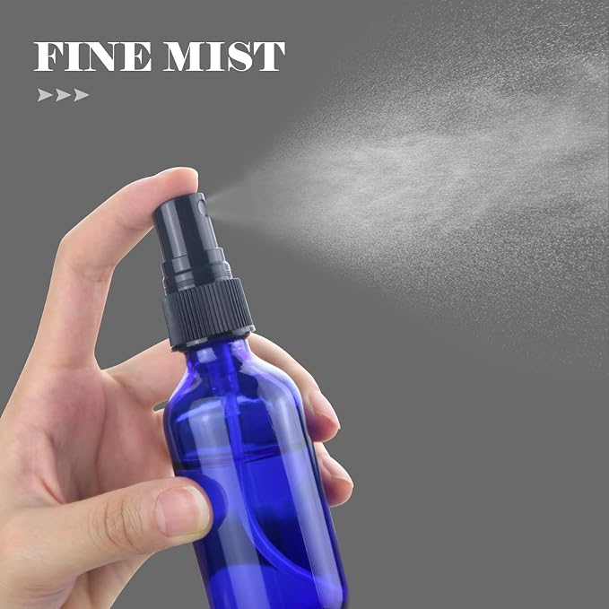 4 oz Mini Glass Spray Bottles, Empty Small Spray Bottles with Funnel Dropper, Fine Mist for Hair, Travel, Plants, Cleaning Solutions and Skin Care (4 Pack Blue)