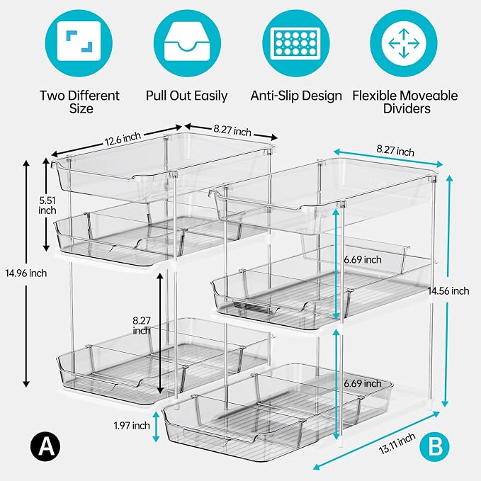 Delamu 2 Pack 3-Tier Bathroom Under Sink Organizers and Storage, Multi-Purpose Stackable Pantry Organization and Storage, Pull Out Clear Kitchen Bathroom Cabinet Organizer with Movable Dividers, Grey