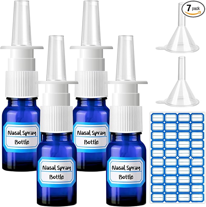 7 Pcs Nasal Spray Bottle, 10ML/0.35OZ 4 Pcs Glass Blue Refillable Empty Fine Mist Nasal Spray Bottle with 2 Funnels and 1 Labels