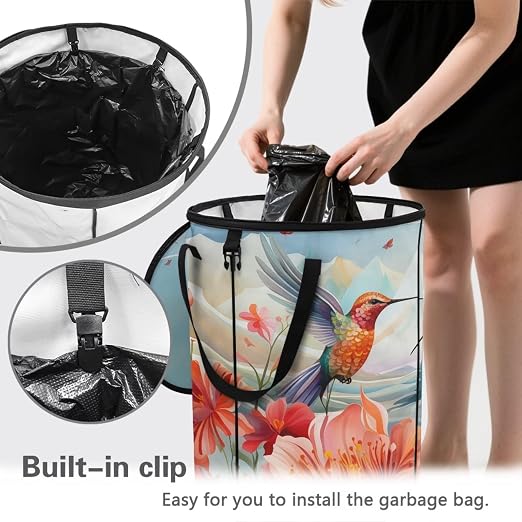 Hummingbird Flower 24 Gal Collapsible Trash Can w/Lid Waterproof Foldable Garbage Bin for Camping, Backyard & Hiking | Heavy Duty Pop-Up Design (23x18in) Car Camping Gear