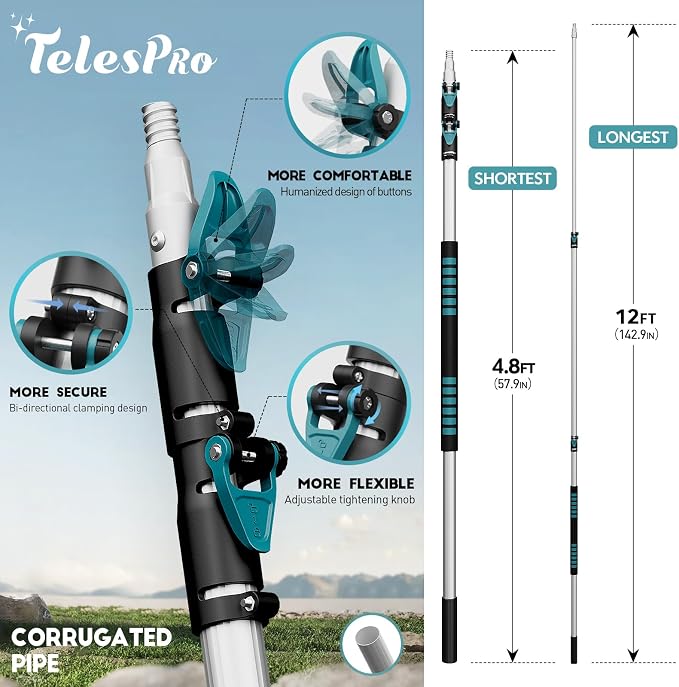 TelesPro 20 Feet High Reach Cobweb Duster with 5-12Ft Extension Pole, Webster Cobweb Duster with 3-Stage Telescopic Aluminum Pole, Spider Web Brush for Outdoor & Indoor Cleaning - Soft Bristles.