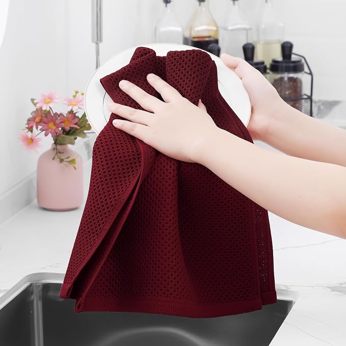 Homaxy 100% Cotton Waffle Weave Kitchen Dish Towels 8-Pack, Burgundy | 13 x 28 Inches, Ultra Soft Absorbent Dish Towels, Quick Drying Cleaning Towels