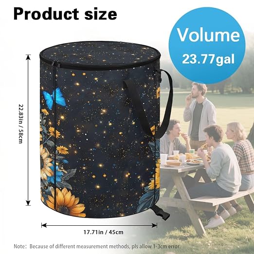 BIGCARJOB Sunflower Butterfly Camping Trash Can Outside Recycling Bin 22.83x17.71 in, Large Trash Can Pop Up Rubbish Bins with Clip and Zipper Lid(23 Gallons)