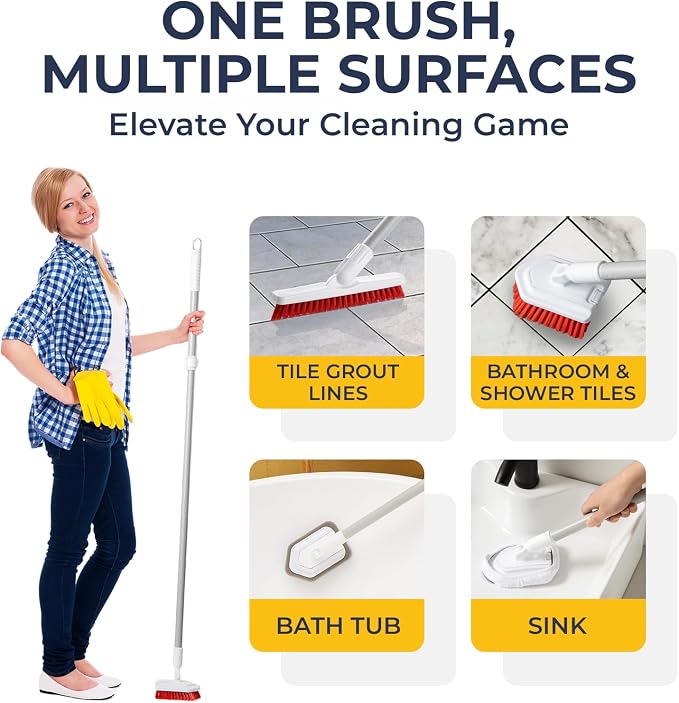 Shower Scrubber with Long Handle, Stiff Bristles Grout-Brush, Tub Scrub-Brush with Long-Handle, Shower-Cleaner Brush | Extendable, stiff bristles, scouring pad and microfiber cloth included