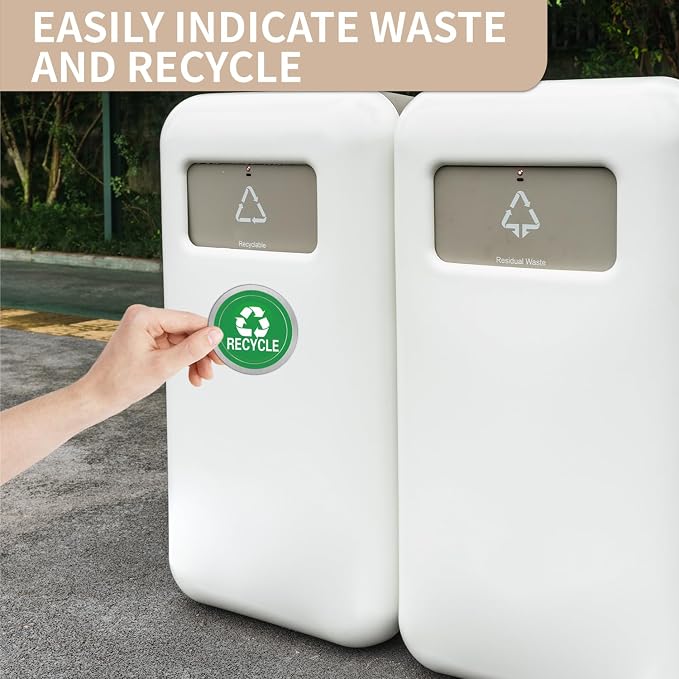 Recycle and Trash Magnets for Kitchen Cans and Recycling Bins | Silver Brushed Trash and Recycle Magnet Combo for Garbage Can Logo Symbol,Outdoor Waste Bin,5.5 Inch (Round)