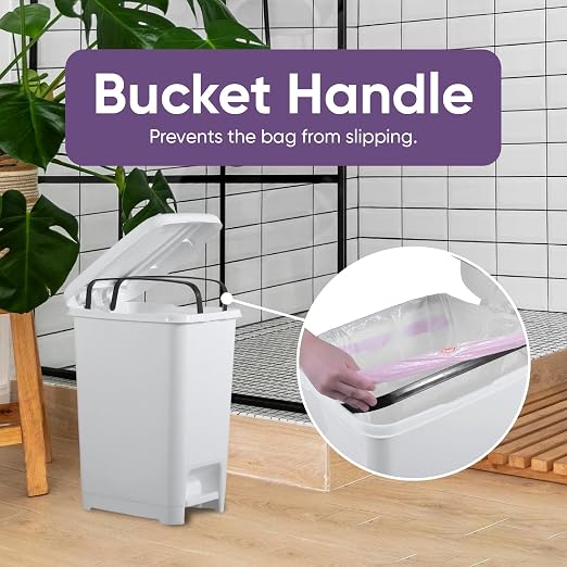 Superio Slim Step-On Trash Can with Lid, Plastic Garbage Bin with Foot Pedal for Bathroom, Bedroom, Kitchen, Office, RV, Patio, or Dorm, White Smoke