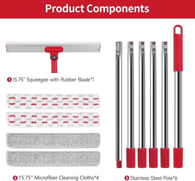2‑in‑1 Professional Window Squeegee Kit, 86.6" 6‑Section Extension Pole Window Cleaner Tool with 4 Microfiber Cloths, for Indoor & Outdoor High Glass Window Washing