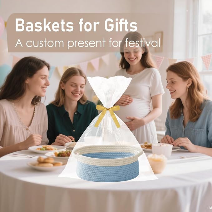 JMvicyroam Small Woven Basket, Empty Gift Basket, White&Blue/1 Pack | Small Gift Basket, Cotton Rope, 12 x 8 x 63 in, Handles, Includes Ribbon and Bag, Birthday Gift Basket