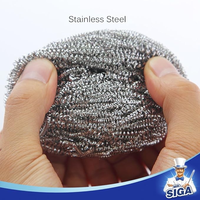 MR.SIGA Stainless Steel Scourer, Steel Wool Scrubbers, Pack of 6 | Scouring pads for cleaning tough baked-on messes, metal scrubbers for cleaning dishes pots, pans, grills and sinks