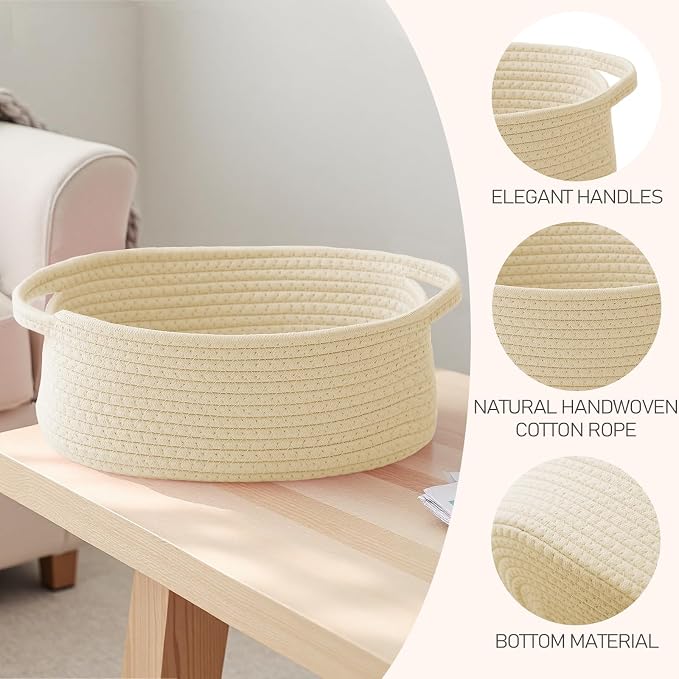 JMvicyroam Small Woven Basket, Empty Gift Basket, Beige/1 Pack | Small Gift Basket, Cotton Rope, 12 x 8 x 9 in, Handles, Includes Ribbon and Bag, Birthday Gift Basket