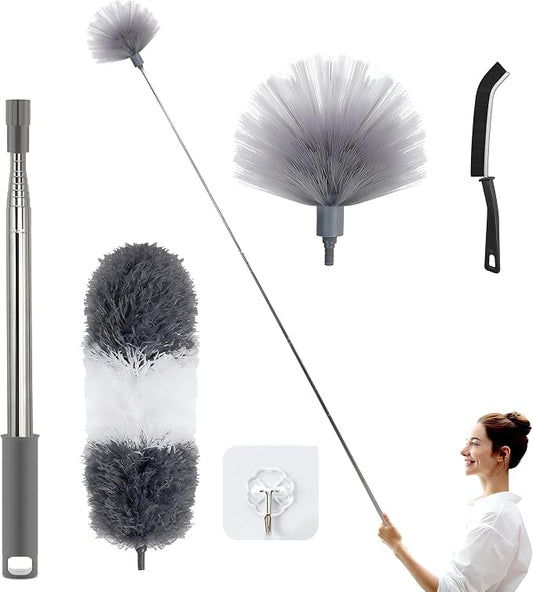 Duster with Extension Pole | Washable Cleaning Duster Kit with DusterHeads | Cleaning Custer | Cobweb Duster | Corner Brush | Telescoping Pole for Ceiling Fan,Walls | Long Handle Feather Dusters,5 Pack