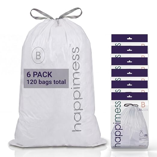happimess 20-Count Unscented 5.3 Gal Trash Bags, Clear, Pack of 6 | Kitchen Can Liners, Drawstring, Heavy Duty LDPE Plastic, Tear-Resistant, Recyclable, Custom Fit