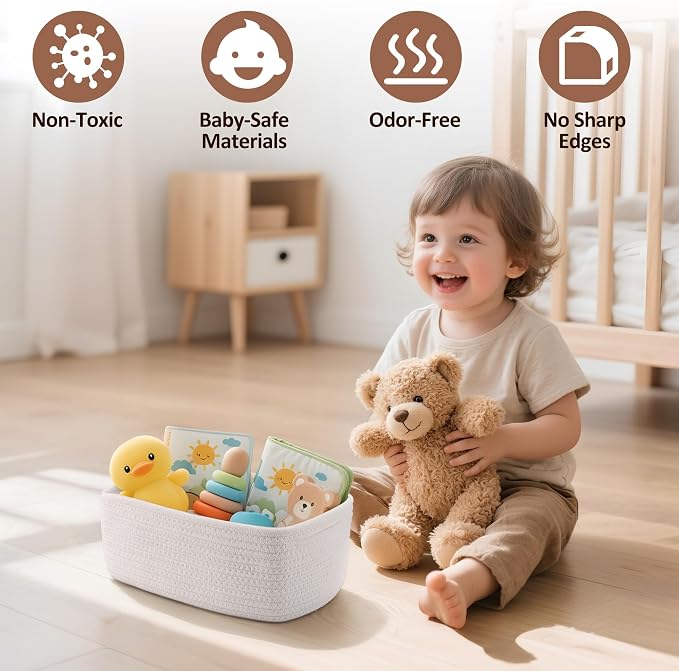 5-Pack Small Woven Rope Storage Baskets, 2 Sizes Organizer Bins | Fabric Cube Boxes and Rectangular Shallow Bins for Closet, Shelf, Bookshelf, Nursery, Changing Table, Bathroom, Toys & Home