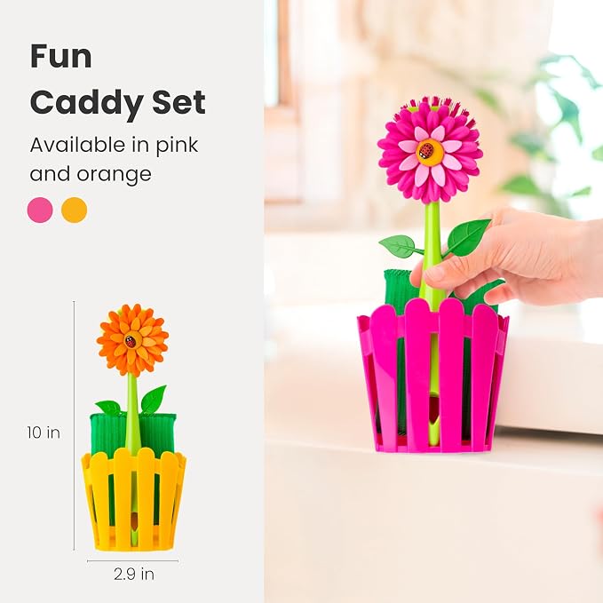 Vigar Flower Power Kitchen Sink Caddy Organizer, Pink | Dish Sponge Holder, Suction Cup and Sponge for Kitchen Sink, Decorative Kitchen Sink Accessories, Countertop Storage Set