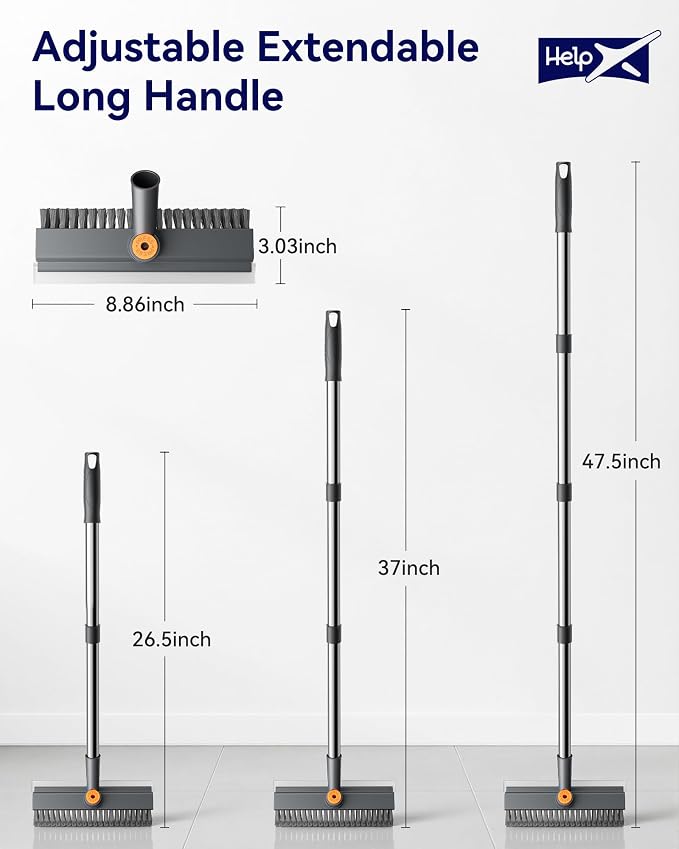 3 in 1 Adjustable Small Floor Scrub Brush with Long Handle | 360 rotating head Right-angle Heavy-Duty Stiff Bristle with Squeegee and Tweezer for Cleaning Bathroom Tile Patio and Kitchen