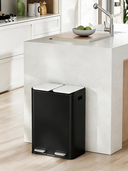 Arlopu 16Gal Dual Trash Can w/2 Built-in Box for Odor Control | Hands-Free Kitchen Garbage Bin, Recycle Waste Dustbin, Soft-Close Lid, 2 Buckets, Foot Pedal, Side Handle, for Home (Black)