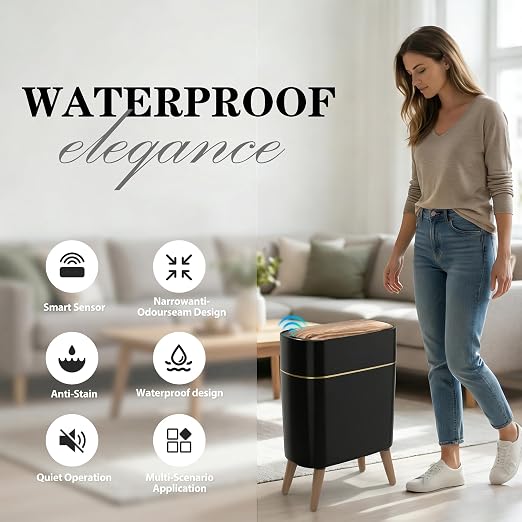 suyika Automatic Trash Can, 2.6 Gallon/10L Bathroom Trash Can with Lid | Wood Grain Lid and Legs, Touchless Waterproof Garbage Bin for Bedroom, Bathroom, Office, Living Room