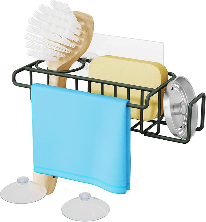 HapiRm Sink Caddy Sponge Holder - No Drill Sponge Holder for Kitchen Sink, Rustproof and Waterproof Kitchen Organizer - Green