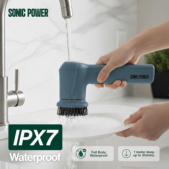 SonicPower Electric Spin Scrubber – Handheld & Ergonomic, IPX7 Waterproof, 4 Multi-Purpose Brush Heads, Long-Lasting Rechargeable Battery – Cleans Dishes, Bathroom, Tile, Grout & Kitchen (Steel Blue)