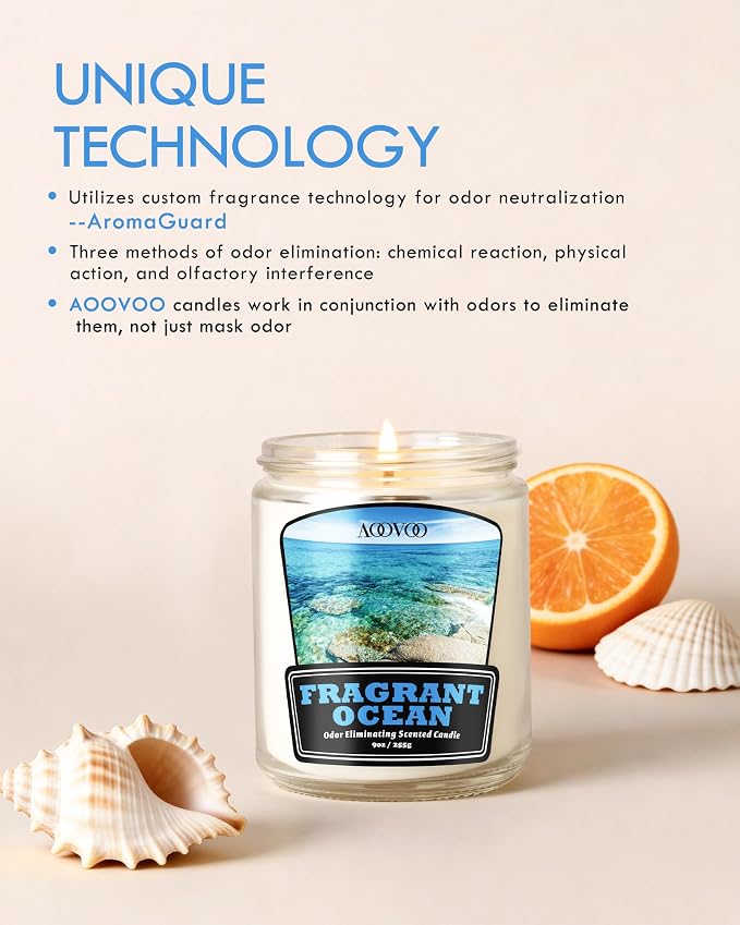 AOOVOO Fragrant Ocean Odor Eliminating Candle - 9 oz Non Toxic Soy Candle | Eliminates 95% of Smoke, Food, Pet and Other Smells Quickly, Up to 50 Hours Burn time, Highly Fragranced Air Freshing Candle