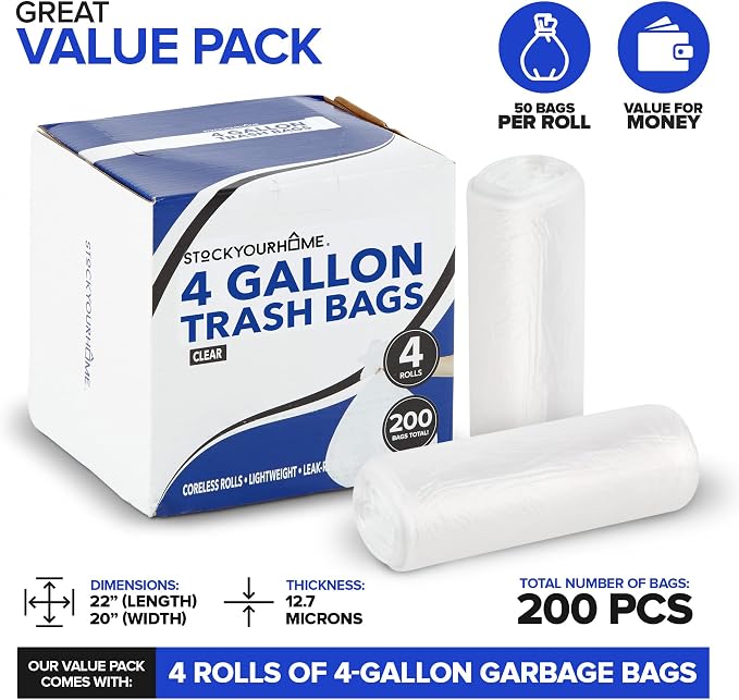 Stock Your Home 4 Gallon Unscented Small Garbage Bags, 200 Count, 12.7 Micron Thickness, Leak Proof Star Seal, Open Top Box for Easy Dispensing, Versatile Usage, Great Value Pack