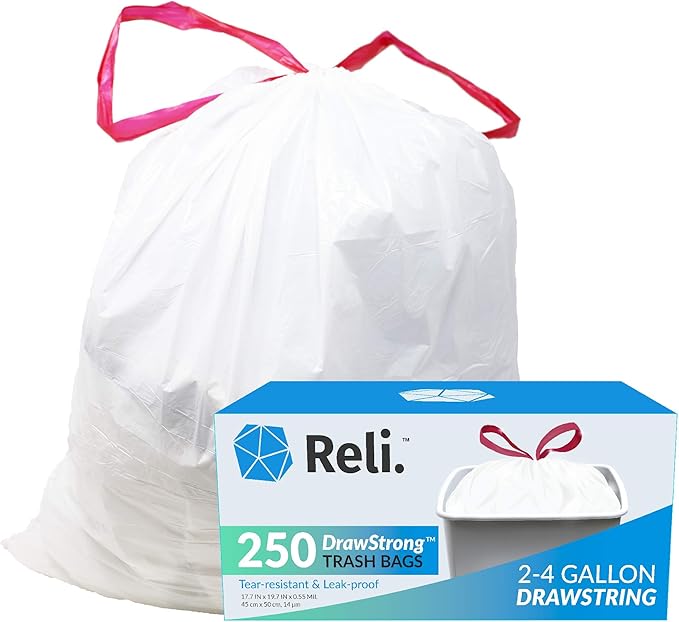 Reli. 2-4 Gallon Trash Bags Drawstring | 250 Count | 18"x 20" | White | Small Garbage Bags 4 Gallon - Drawstring Handles | Trash Can Liners 2 Gal - 3Gal - 4 Gal | Small Bin Liners