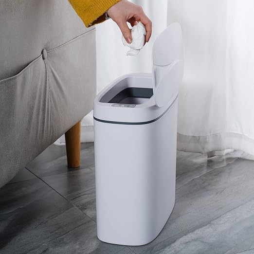 Sooyee 14 Liter Automatic Trash Can with Lid, White | 3.6 Gallon Narrow Garbage Can Touchless or Kick, For Kitchen, Bathroom, Office, Bedroom, Living Room