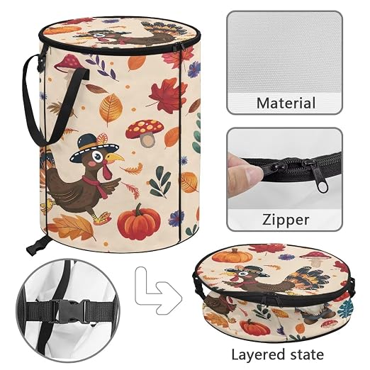 doginthehole Fall Leaves Pumpkin Turkey Outdoor Trash Can Storage Collapsible Pop-up Recycle Trash Can 22.83x17.71 Waterproof Garbage Bin Bag with Lid, Thanksgiving Day Party Supplies Fall Decor