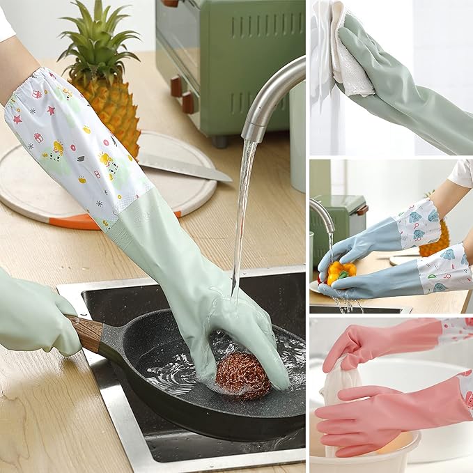 3pcs Dishwashing Cleaning Gloves, Waterproof Reusable Kitchen Long Gloves, Latex-Free Household Gloves for Laundry, Cleaning, Working, Gardening | PVC Material, Odorless. Elbow Length, Textured Grip, Heat-Isolating Lining. Ideal for Dishwashing, Garden...
