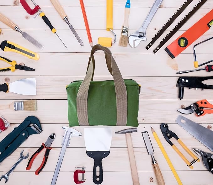 14 Inch Canvas Tool Bag, Small Tool Bag for Men, Large Capacity Wide Mouth Tool Organizer Tote Bag for Storage Hand Tools Wrenches (Green, 14 Inch)