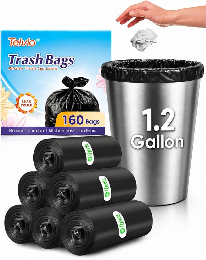 Teivio Small Trash Bags 1.2 Gallon 160 Counts Garbage Bags, Bathroom Trash Can Bin Liners, Small Plastic Bags for home office kitchen, fit 5-6 Liter, 0.8-1.6 and 1-1.5 Gal, Black | Fit 4-5 Liters,1,1.3,1.5Gal,Tiny Plastic Waste Basket Bins Desktop Can ...