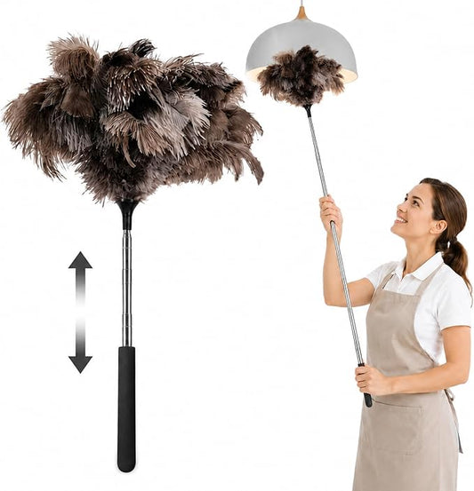 Extendable Ostrich Feather Duster 17–40 Inch, Fluffy Long Handle Reusable Feather Duster, Feather Dusters for Cleaning Ceiling Fan,Pendant lamp, High Ceiling, Blinds, Furniture