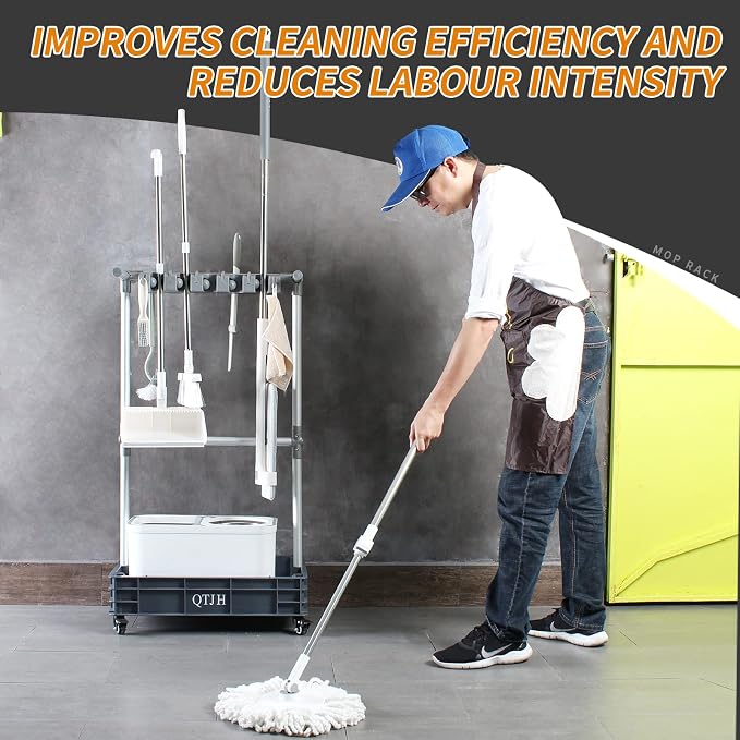Broom mop holder cleaning supplies organizer janitorial carts on wheels housekeeping station storage tools for garage, garden, closet, cabinet.