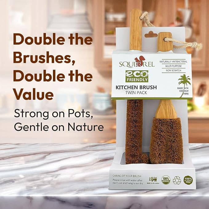 Eco-Friendly Kitchen Cleaning Brush (Twin Pack) - Wood Dish Brush with Coconut Fiber Bristles & Wooden Handle. Kitchen Brush for Bottles, Jars, Mugs, Glassware, and Cup Brush Cleaner