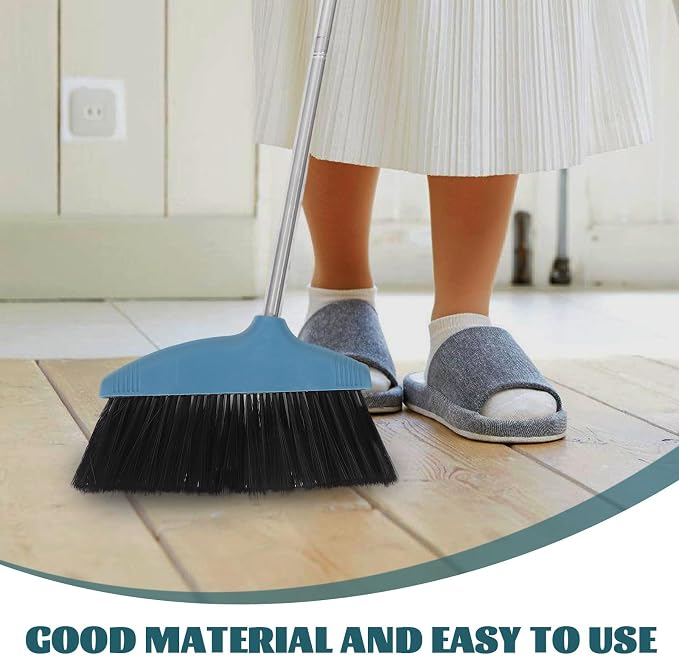 Amosfun Soft Bristle Broom with Long Metal Handle, Hair-Resistant Floor Sweeping Brush for Household Cleaning, Blue Lightweight Indoor and Outdoor Broom for Pet Hair and Dust Removal