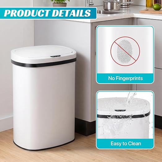 BLKMTY 13 Gal Trash Can with Lid, Motion Sensor Garbage Can, White | Stainless Steel Garbage Cans, 50 L Automatic Touchless Kitchen Trash Cans, High Capacity, for Home Office Bathroom
