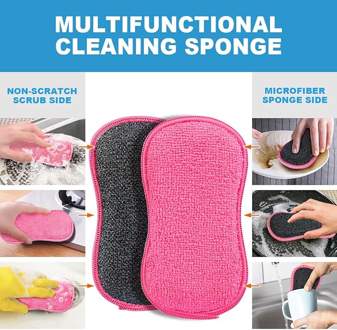HOMEXCEL Dish Sponge 12 PK, Microfiber Kitchen Sponges for Cleaning, Pink | Non Scratch Microfiber Sponges for Washing Dishes, Double-Sided Scrub Sponge for Pots, Pans, Glass