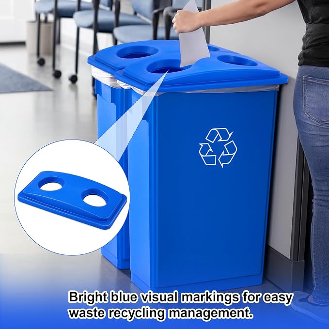 Maxdot 2 Pack Recycle Bin Lids Each with Two Bottles & Cans Openings, Blue | Plastic Fit 23 Gallon Slim Trash Can, for Waste Recycling Sorting, Kitchen Classrooms Offices Outdoor