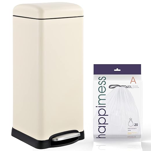 happimess HPM1007F Betty Retro 8-Gallon Step-Open Trash Can with Soft-Close Lid, Fingerprint Resistant, Modern, Minimalistic for Home, Kitchen, Laundry Room, Office, Bedroom, Bathroom, Almond | Fingerprint Resistant, Removable Liner, Semi-Rectangular, ...