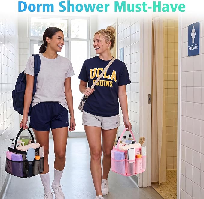 EUDELE 2 Pack Mesh Shower Caddy Portable for College Dorm Room Essentials, Shower Caddy Dorm with 9-Pocket Large Capacity,Shower Bag for Beach,Swimming,Gym All Black+All Purple