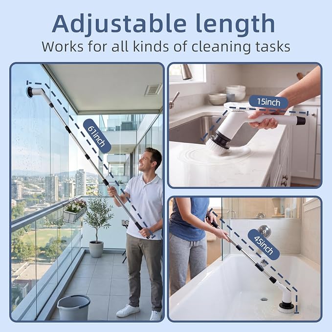 Electric Spin Scrubber Upgraded Cordless Power Cleaning Brush | IPX7 Waterproof, 3 Speed, 180-Minute Battery Life, with 8 Replaceable Heads and Adjustable Extension Handle and LED Display